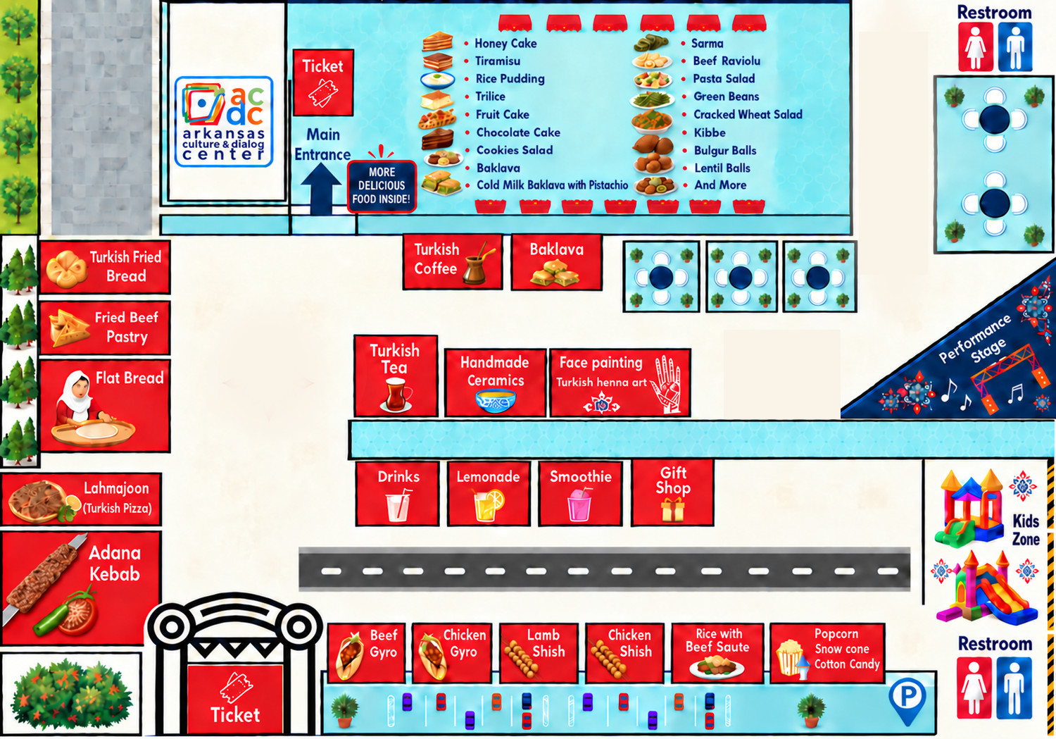 Festival grounds map showing food booths, restrooms, kids zone, parking, and performance stage